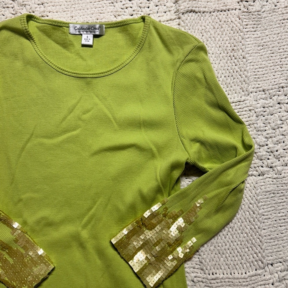 Vintage Y2K Coldwater Creek Ribbed Green Long Sleeve Shirt Beaded Sleeves